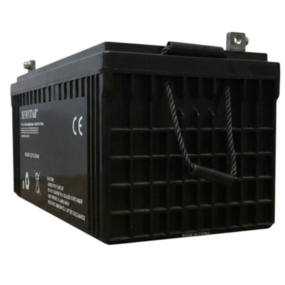 A black marine dual-hull battery with a ribbed plastic casing, a hanging strap, and a metal terminal, shown on a white background.