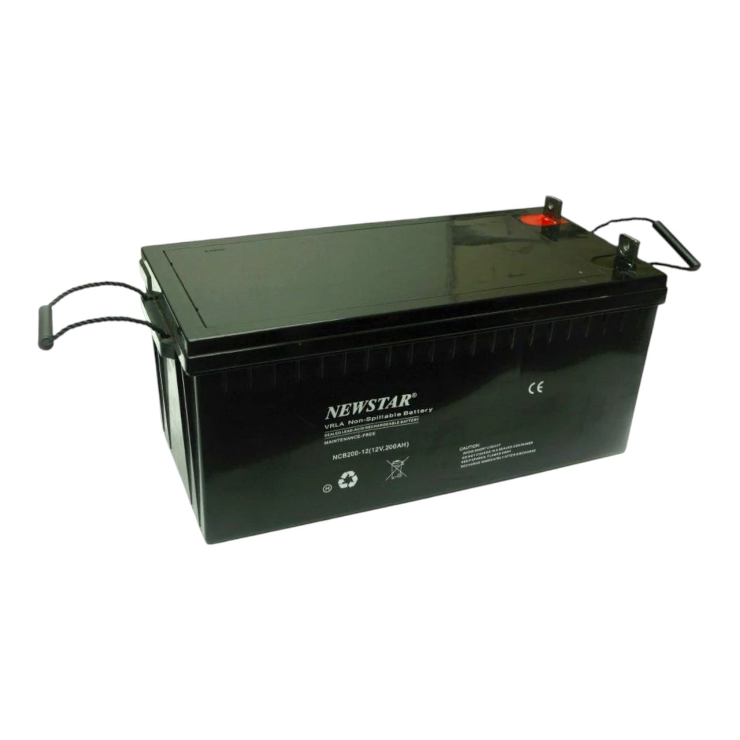 A black NEWSTAR lead-acid battery with terminal handles, shown at an angle on a plain white background.