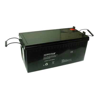 A black NEWSTAR lead-acid battery with terminal handles, shown at an angle on a plain white background.