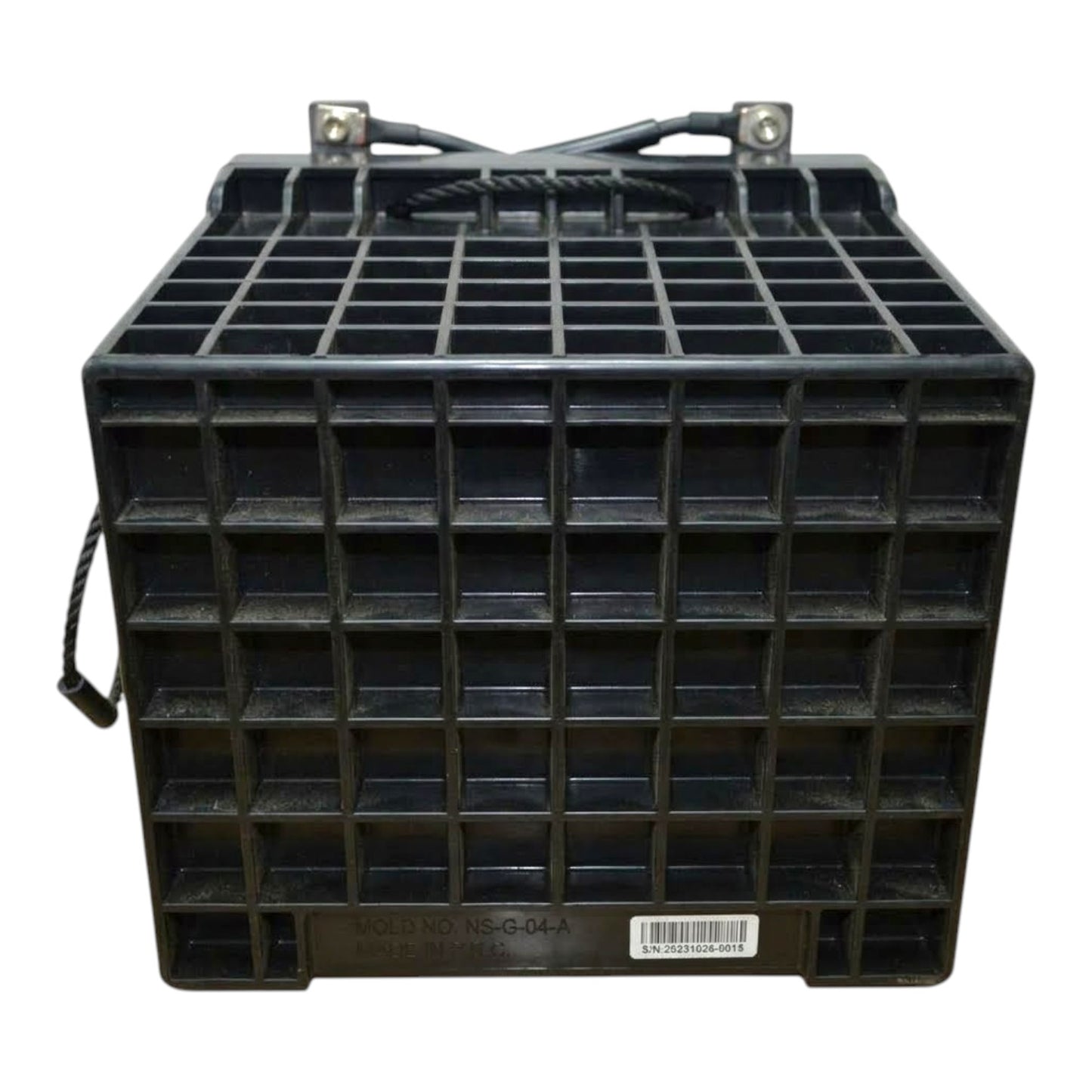 A black plastic battery tray or storage rack with a grid pattern, featuring metal terminal posts and cables at the top, set against a plain white background.