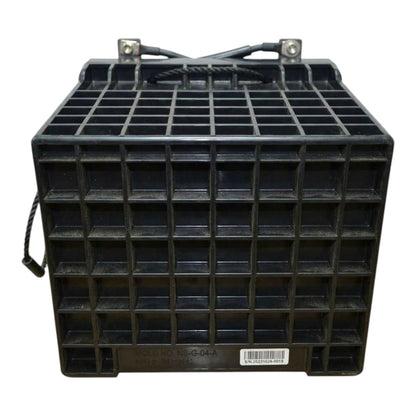 A black plastic battery tray or storage rack with a grid pattern, featuring metal terminal posts and cables at the top, set against a plain white background.