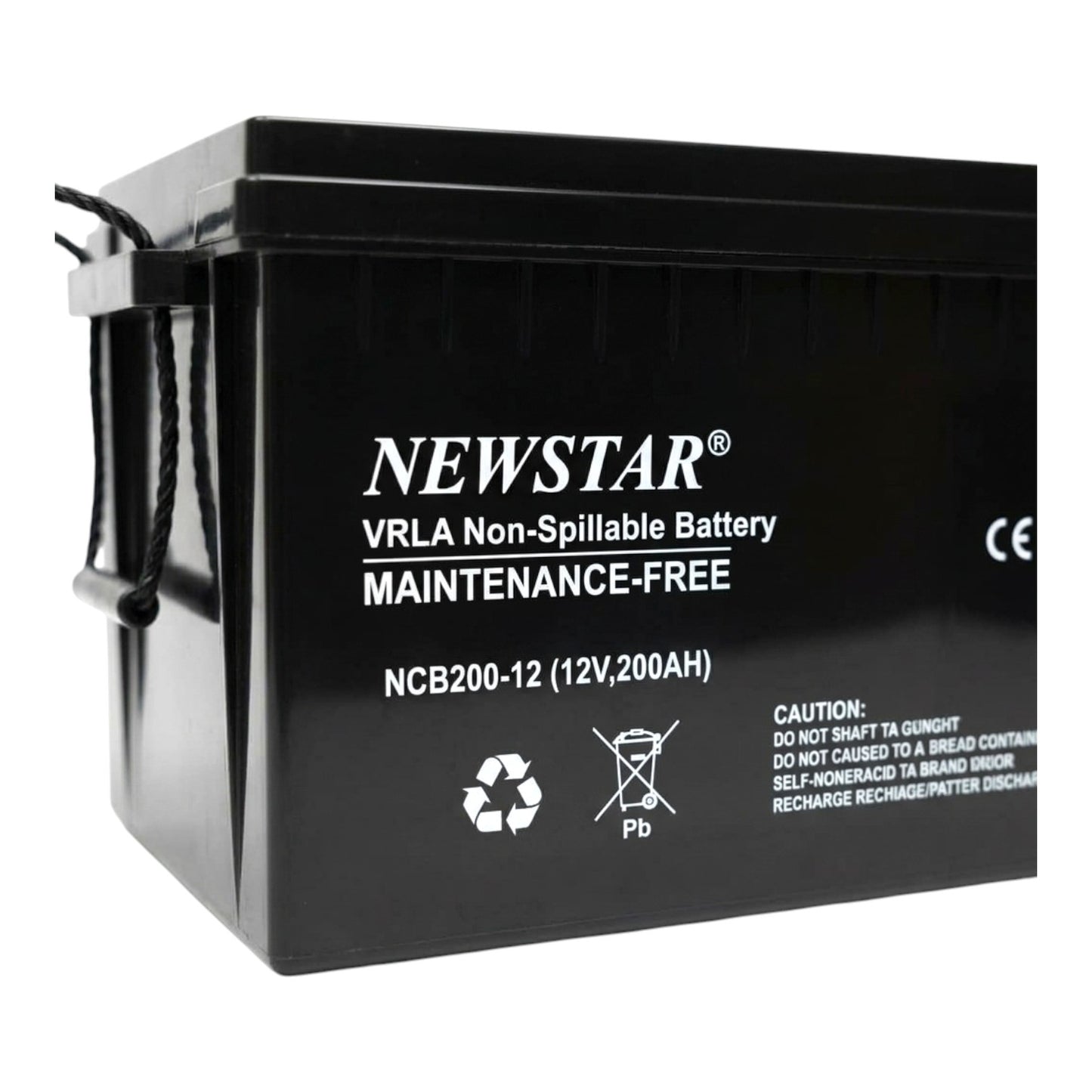 A black NEWSTAR VRLA Non-Spillable Battery with white printed text and symbols on the front face, shown on a plain white background.