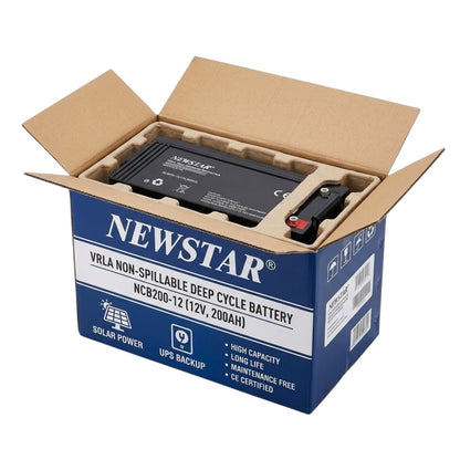 A NEWSTAR VRLA non-spillable deep cycle battery in its original blue and white retail box with foam packaging, photographed on a clean white background.