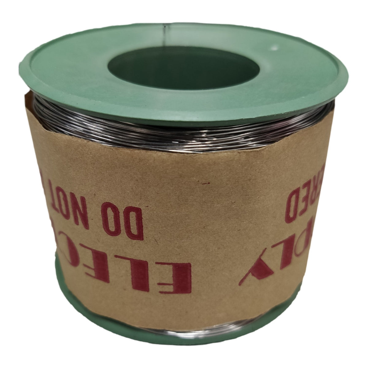 A spool of silver-colored wire wrapped around a brown cardboard core with a mint green plastic top and bottom, isolated on a white background.