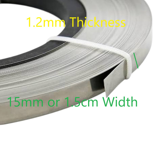 A close-up of a rolled strip of metallic material, likely stainless steel, with text overlays indicating '1.2mm Thickness' and '15mm or 1.