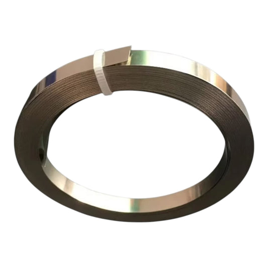 A roll of dark metallic ribbon or tape with a reflective silver edge, secured with a white band, shown on a plain white background.