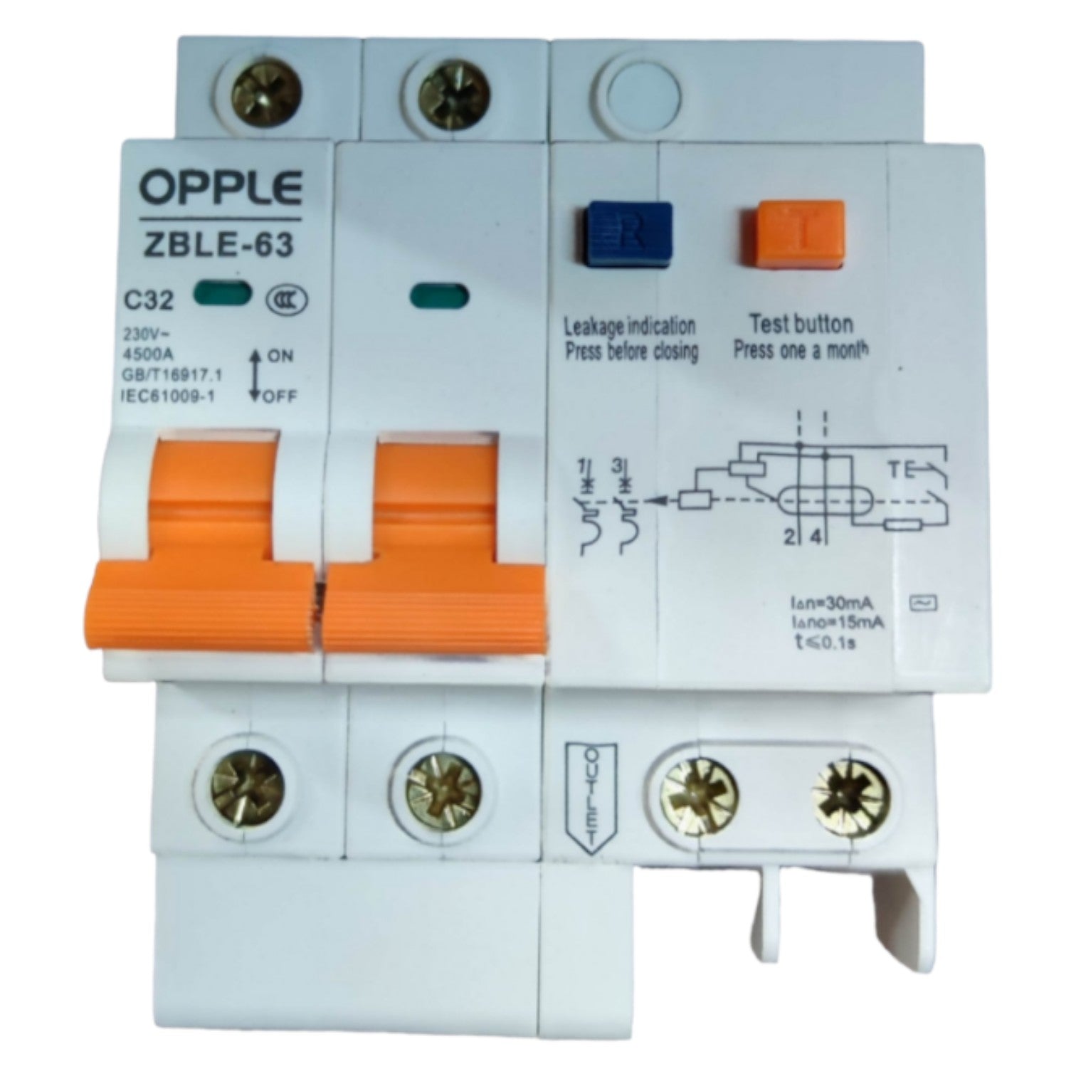 Electrical circuit breaker with orange indicator lights on a white background
