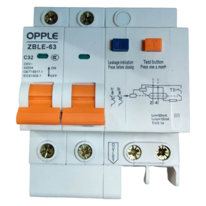 Electrical circuit breaker with orange indicator lights on a white background