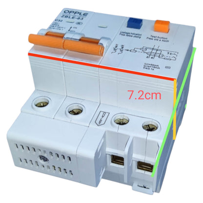 Circuit breaker with USB ports and measurement details on a white background