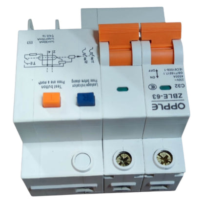 Electrical circuit breaker with orange and blue buttons on a white background
