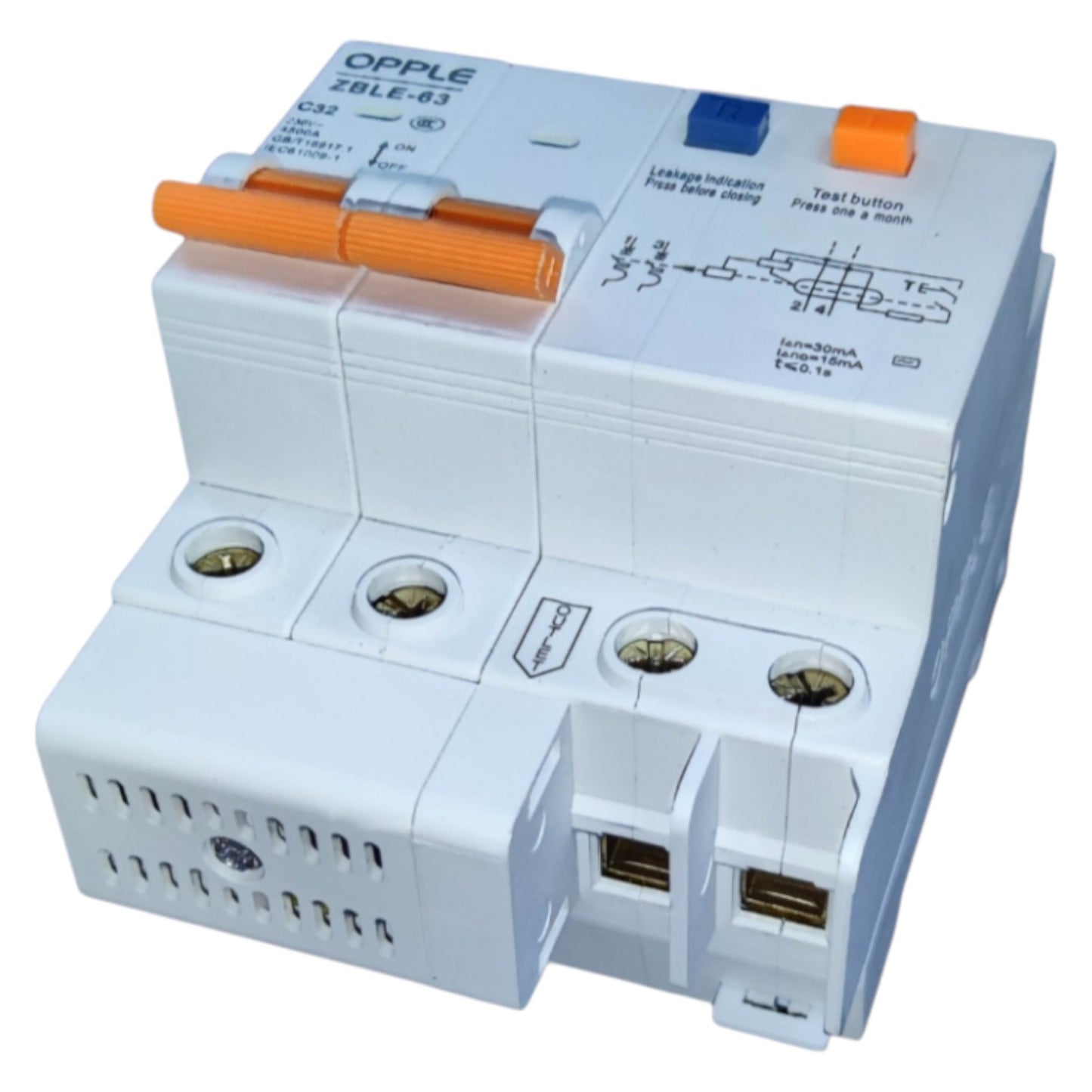 Electrical circuit breaker with multiple sockets and labeled components on a white background