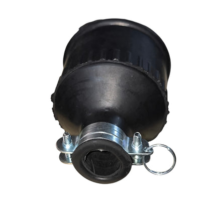 Black rubber hose fitting with metal clamps on a white background