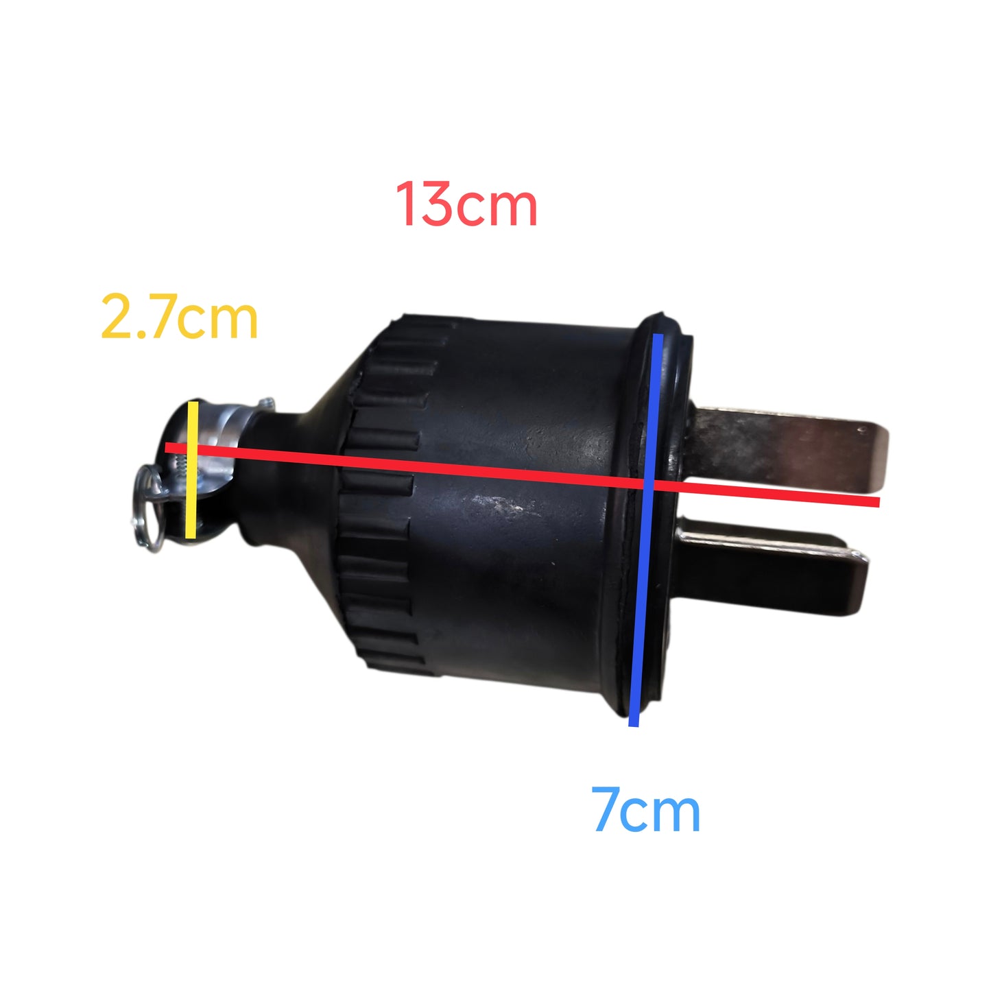 Black mechanical component with measurements labeled on a white background