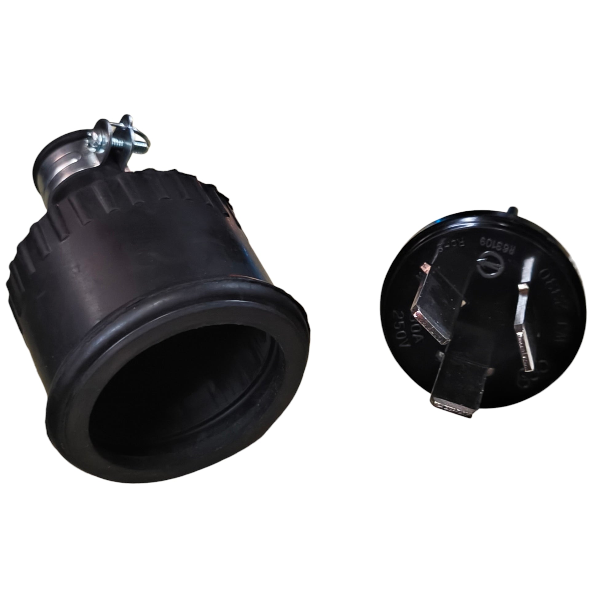 Two black plastic connectors on a white background