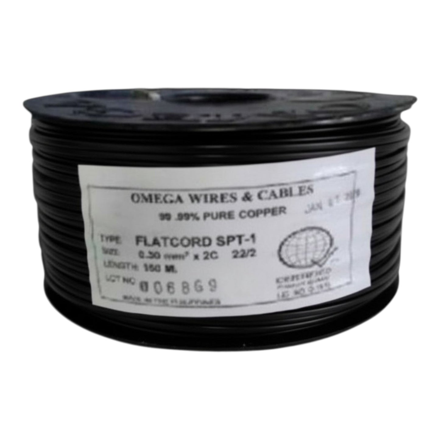 A spool of black flatcord copper wire with a white label reading 'OMEGA WIRES & CABLES' and 'TYPE: FLATCORD SPT-1'.