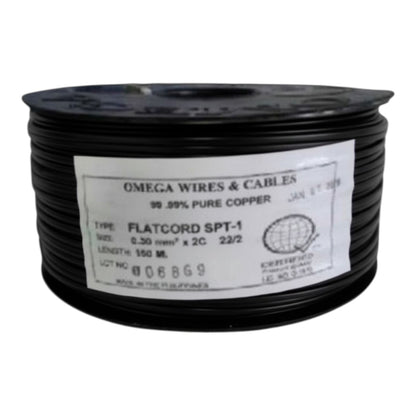 A spool of black flatcord copper wire with a white label reading 'OMEGA WIRES & CABLES' and 'TYPE: FLATCORD SPT-1'.