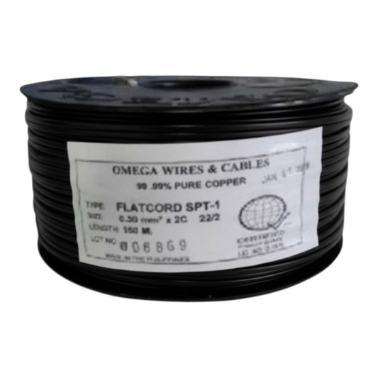 A spool of black flatcord copper wire with a white label reading 'OMEGA WIRES & CABLES' and 'TYPE: FLATCORD SPT-1'.