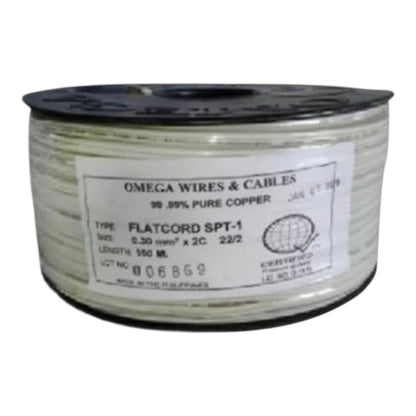 A spool of Omega Wires & Cables Flatcord SPT-1 copper wire, featuring a white label with black text on a black spool, set against a plain white background.