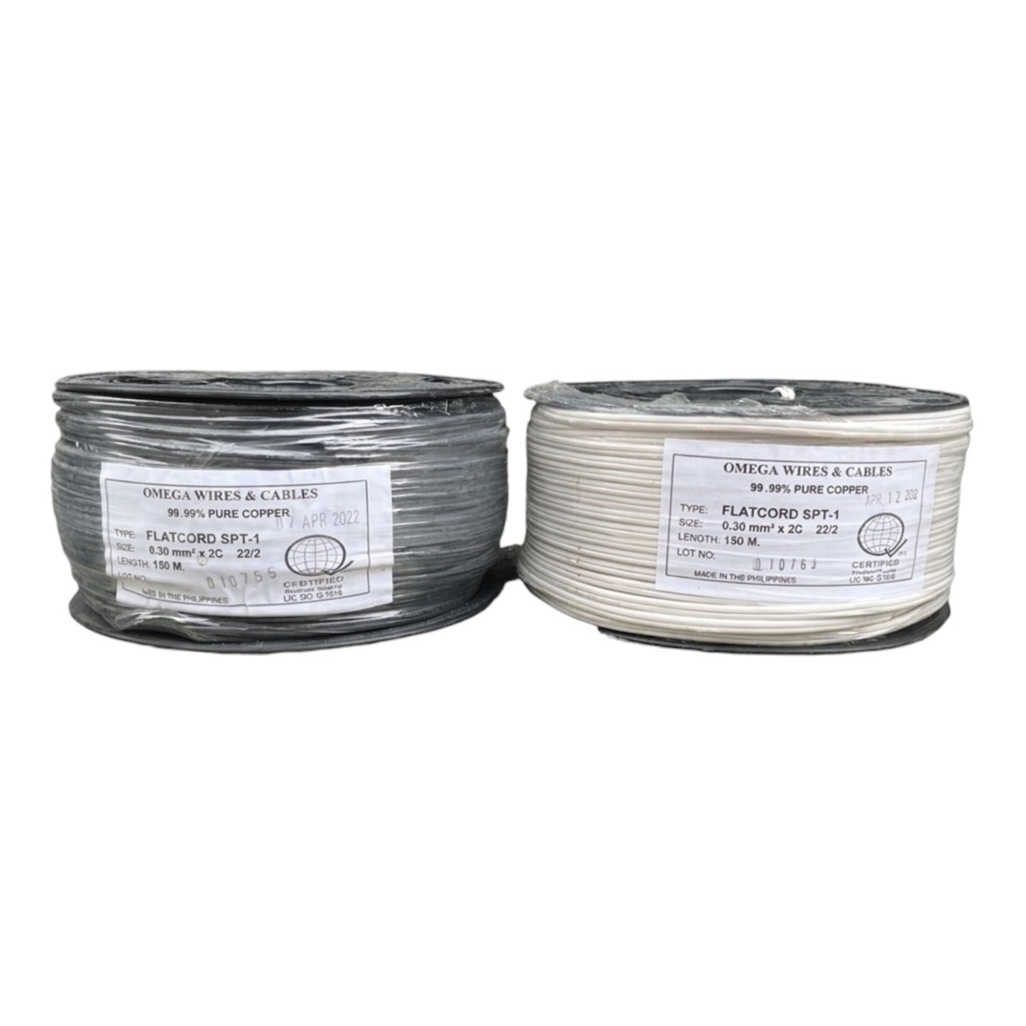 Two spools of Omega Wires & Cables flat cord copper cable, one in dark gray and one in off-white, shown side by side on a white background.