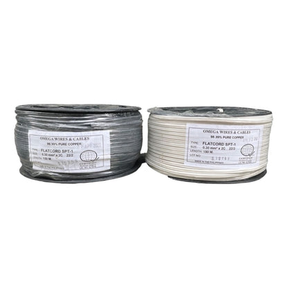 Two spools of Omega Wires & Cables flat cord copper cable, one in dark gray and one in off-white, shown side by side on a white background.