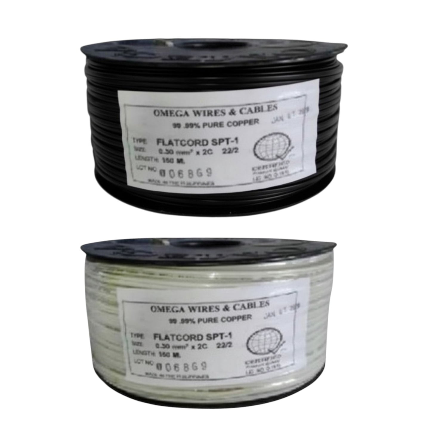 Two spools of Omega Wires & Cables Flatcord SPT-1 copper wire shown on a plain white background, one with black wire and one with silver wire.