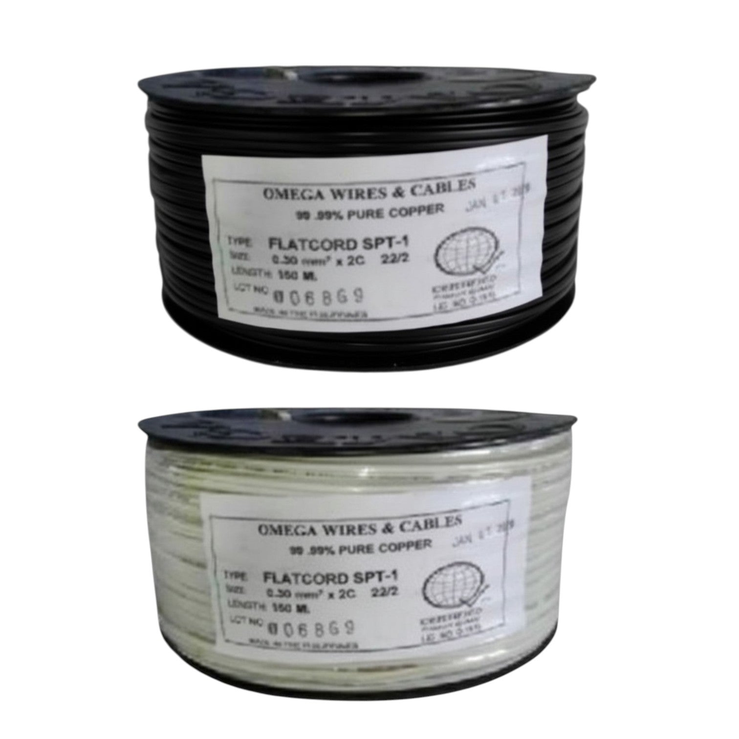 Two spools of Omega Wires & Cables Flatcord SPT-1 copper wire shown on a plain white background, one with black wire and one with silver wire.