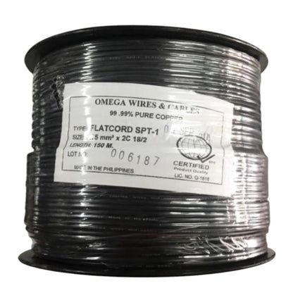 A spool of black flatcord copper wire by Omega Wires & Cables, featuring a white label with product details.