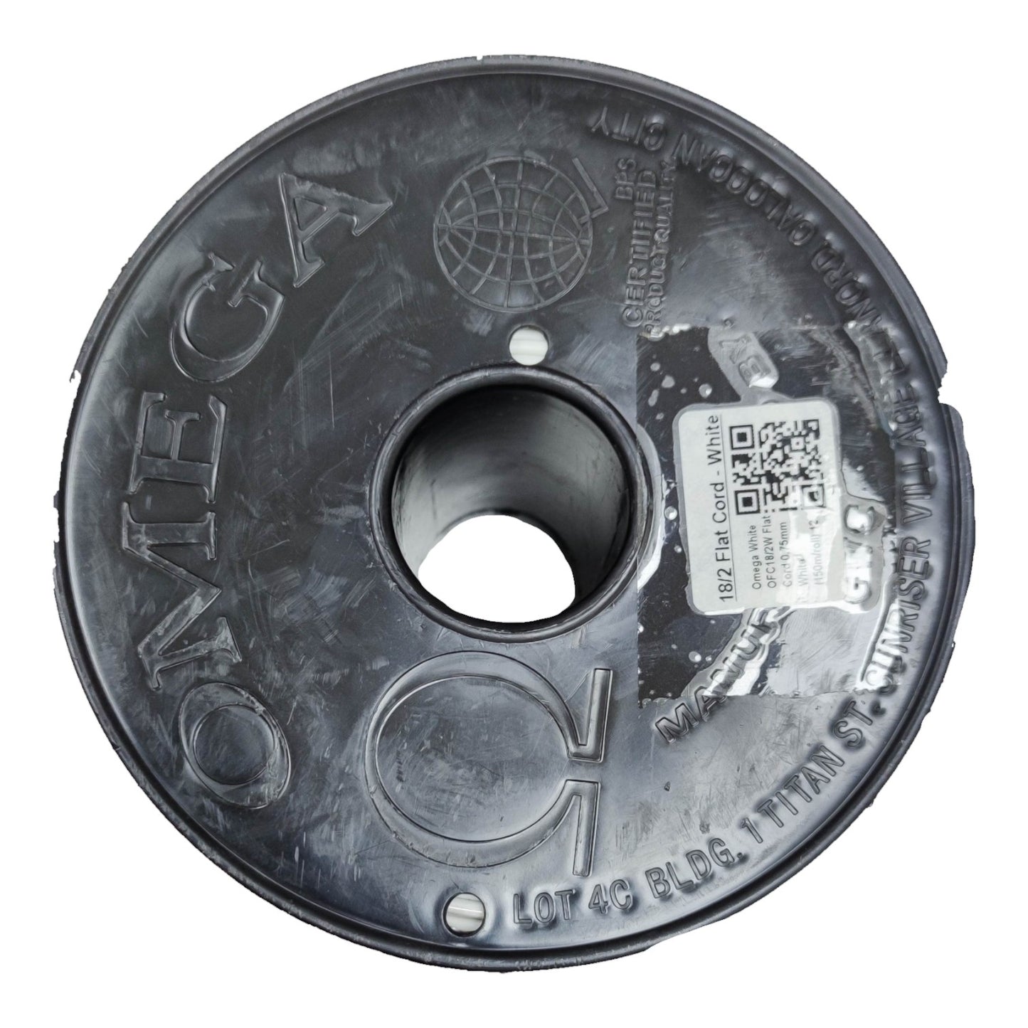 Omega brand black plastic spool with a central hole, featuring embossed lettering, a QR code sticker, and product details on a white background.