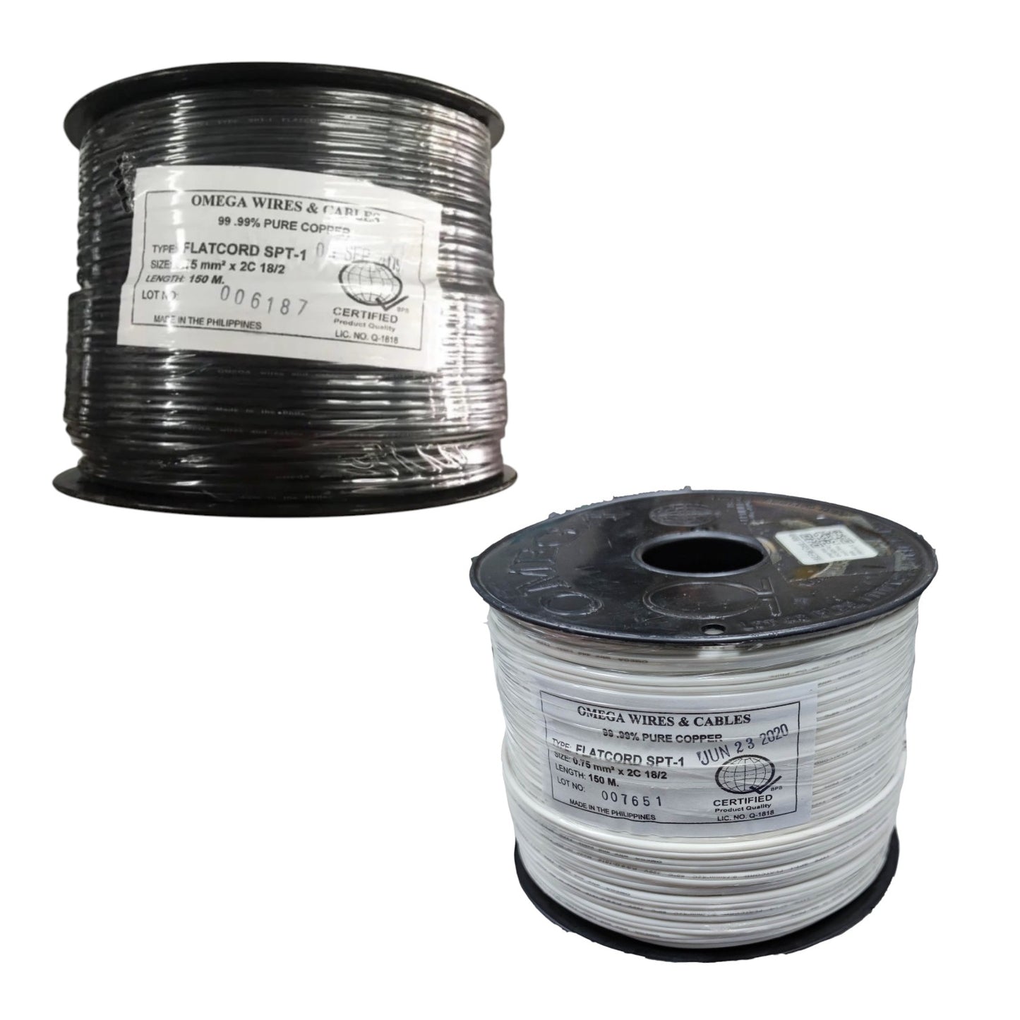 Two spools of Omega Wires flatcord SPT-1 wire, one black-coated and one white-coated, shown on a plain white background.