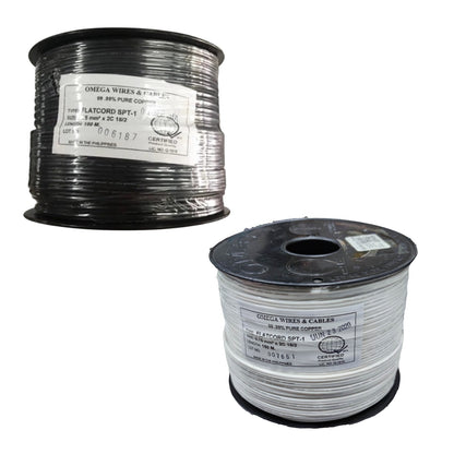 Two spools of Omega Wires flatcord SPT-1 wire, one black-coated and one white-coated, shown on a plain white background.