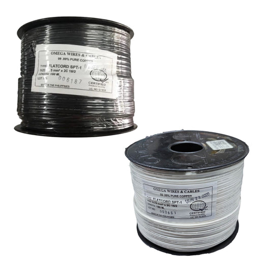 Two spools of Omega Wires flatcord SPT-1 wire, one black-coated and one white-coated, shown on a plain white background.