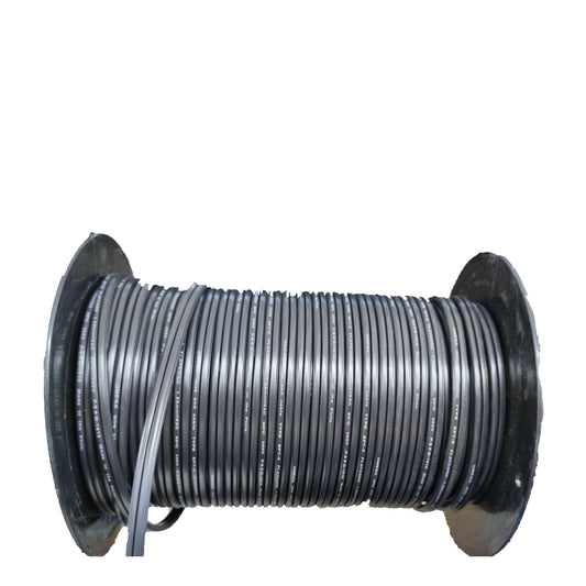 A large spool of dark gray or black cable, photographed against a solid white background.