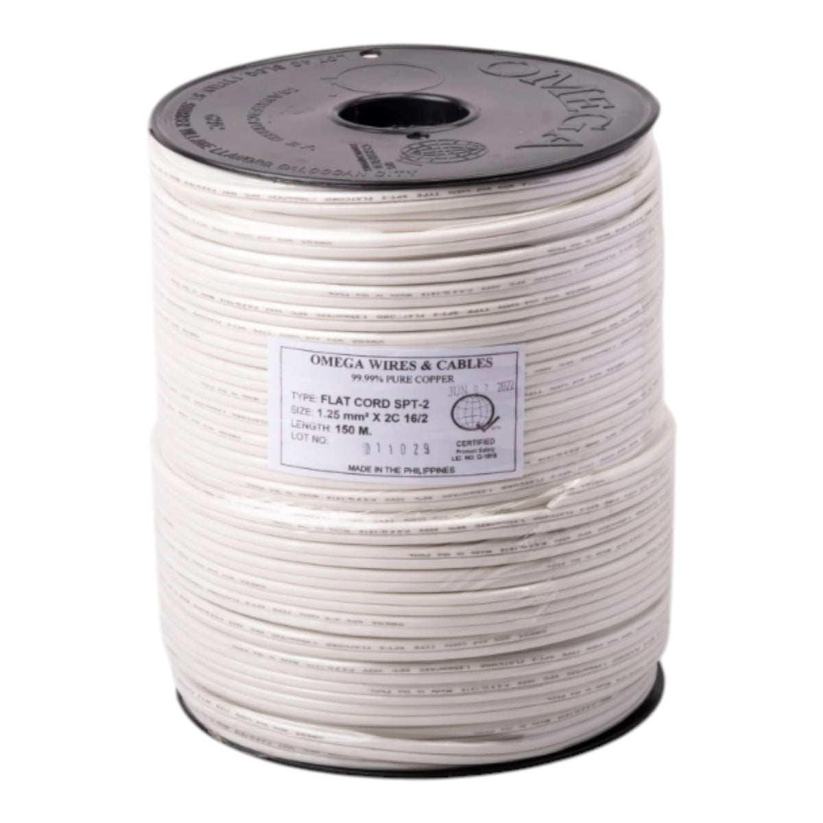 A spool of Omega Wires & Cables flat cord SPT-2, wound around a black plastic core with a white label in the center, set against a plain white background.