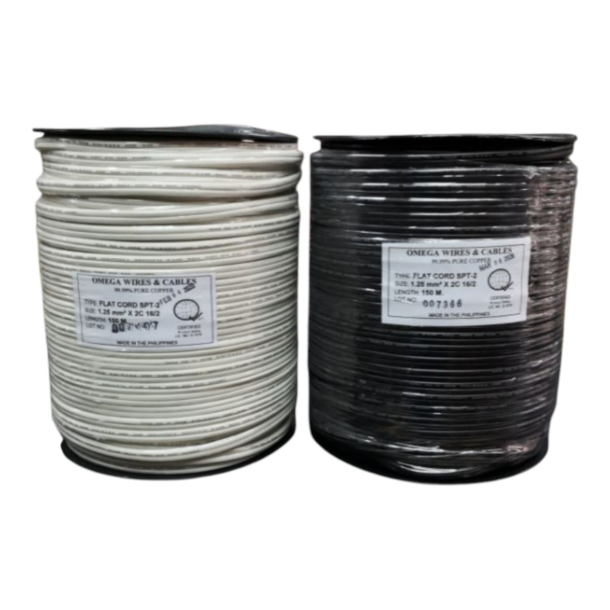 Two large spools of Omega Wire & Cables flat cord wire, one in white and one in black, shown side-by-side on a white background.