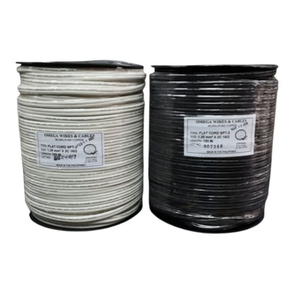 Two large spools of Omega Wire & Cables flat cord wire, one in white and one in black, shown side-by-side on a white background.
