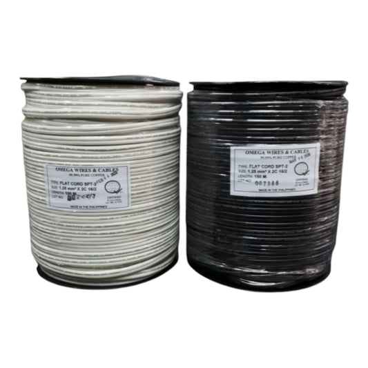 Two large spools of Omega Wire & Cables flat cord wire, one in white and one in black, shown side-by-side on a white background.
