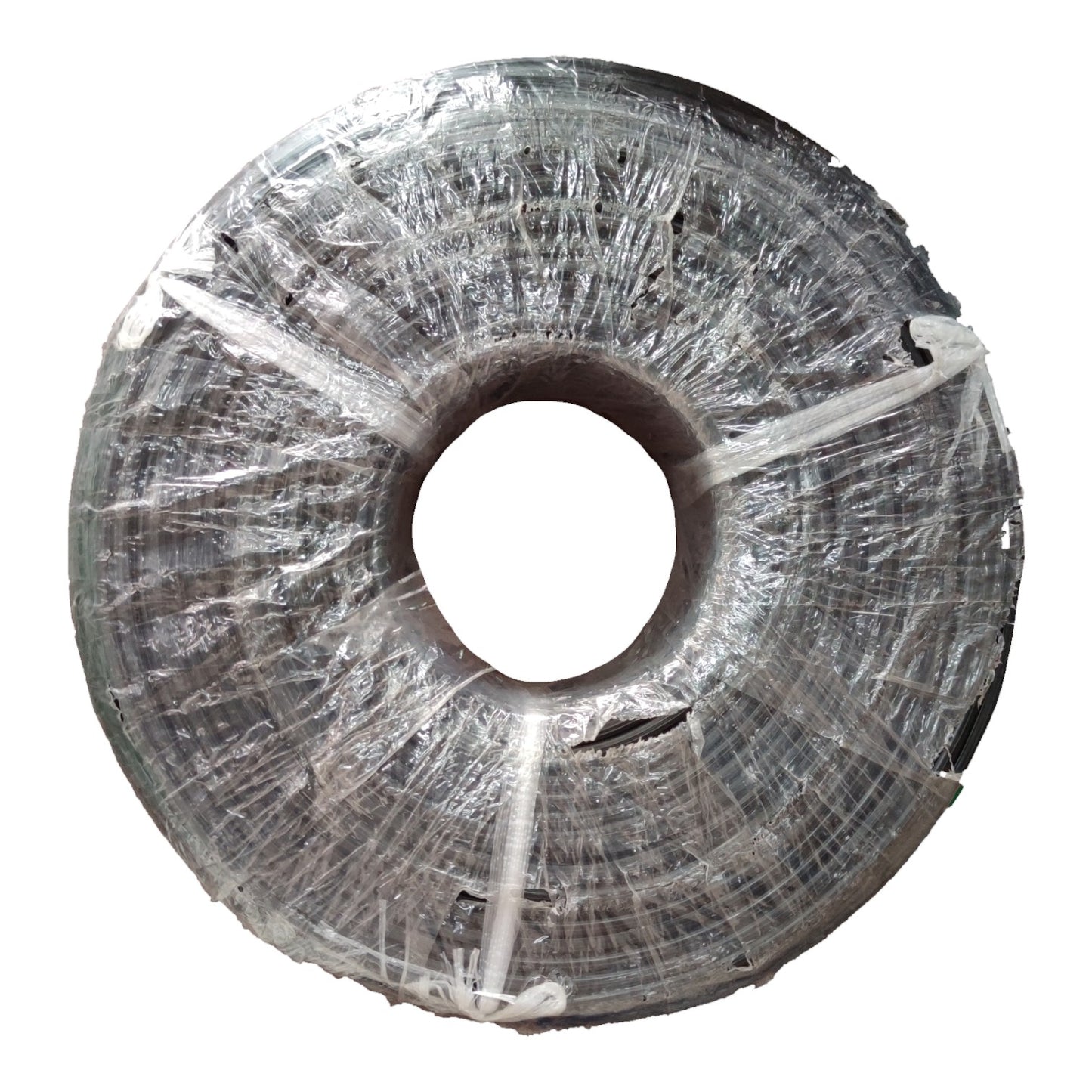 A large spool of dark gray or black mesh screen cloth wrapped in clear protective plastic, isolated on a white background.
