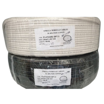 Two coiled rolls of Omega Wires & Cables Flatcord SPT-3 copper cable, one in silver and one in black, stacked together with a clear plastic wrap and white labels.