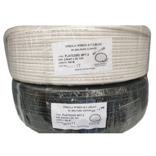 Two coiled rolls of Omega Wires & Cables Flatcord SPT-3 copper cable, one in silver and one in black, stacked together with a clear plastic wrap and white labels.