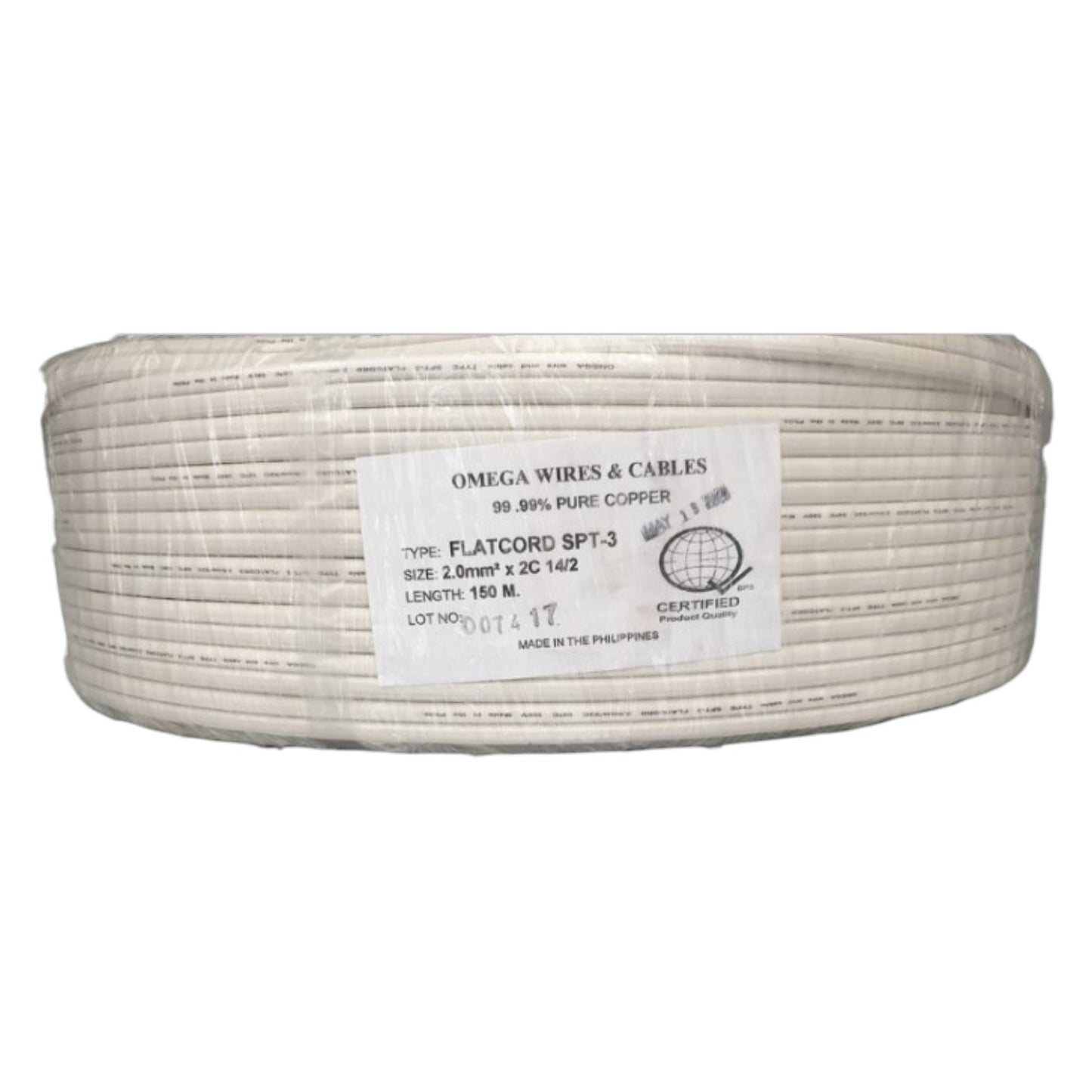 A spool of Omega Wires & Cables Flatcord SPT-3 99.99% pure copper cable, shown on a plain white background with a white product label on the front.