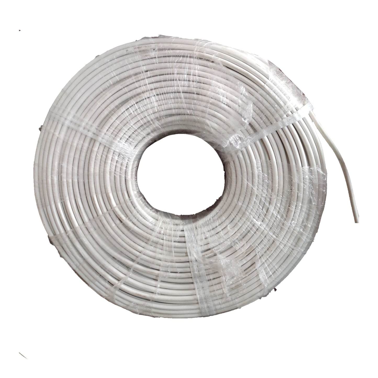 A coiled roll of white cable or wire wrapped in clear plastic, photographed on a plain white background.