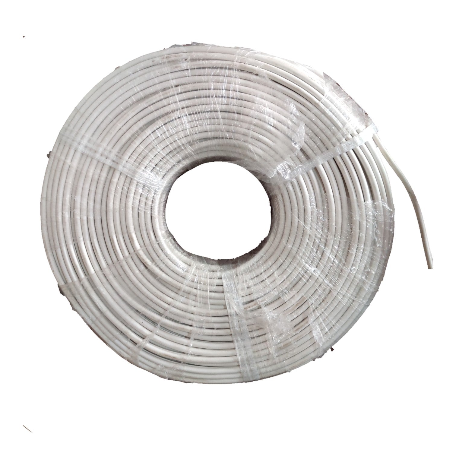 A coiled roll of white cable or wire wrapped in clear plastic, photographed on a plain white background.