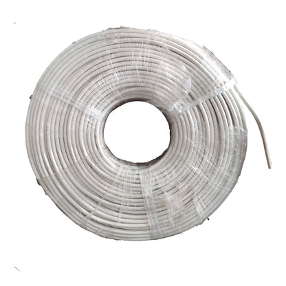 A coiled roll of white cable or wire wrapped in clear plastic, photographed on a plain white background.