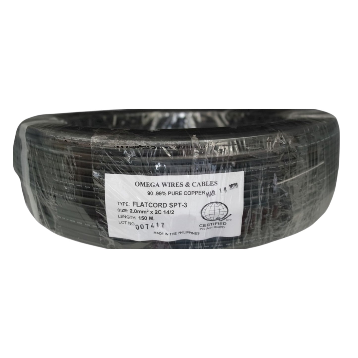 A spool of black flat cord wire wrapped in clear plastic with a white label reading 'OMEGA WIRES & CABLES' and 'TYPE FLATCORD SPT-3'.
