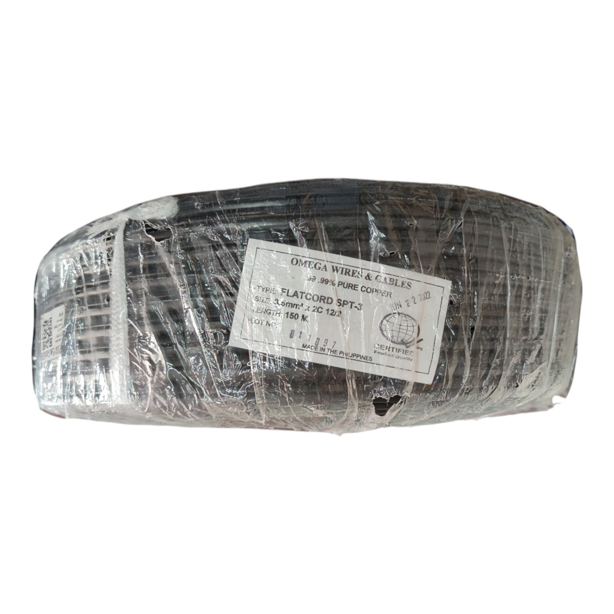 A large spool of black flat cord wire wrapped in clear plastic with a white paper label, photographed against a plain white background.