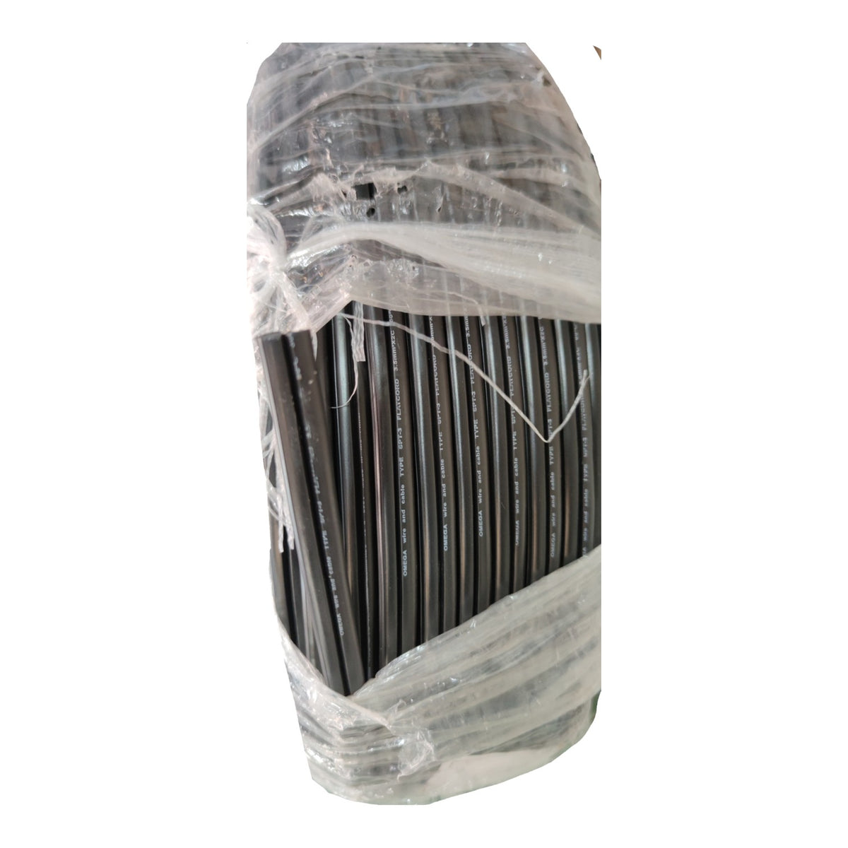 A bundle of dark gray or black cables wrapped in clear protective plastic on a white background.