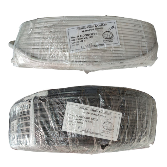 Two coiled cables wrapped in clear plastic with white labels reading Omega Wires & Cables Flatcord SPT-3, shown on a plain white background.