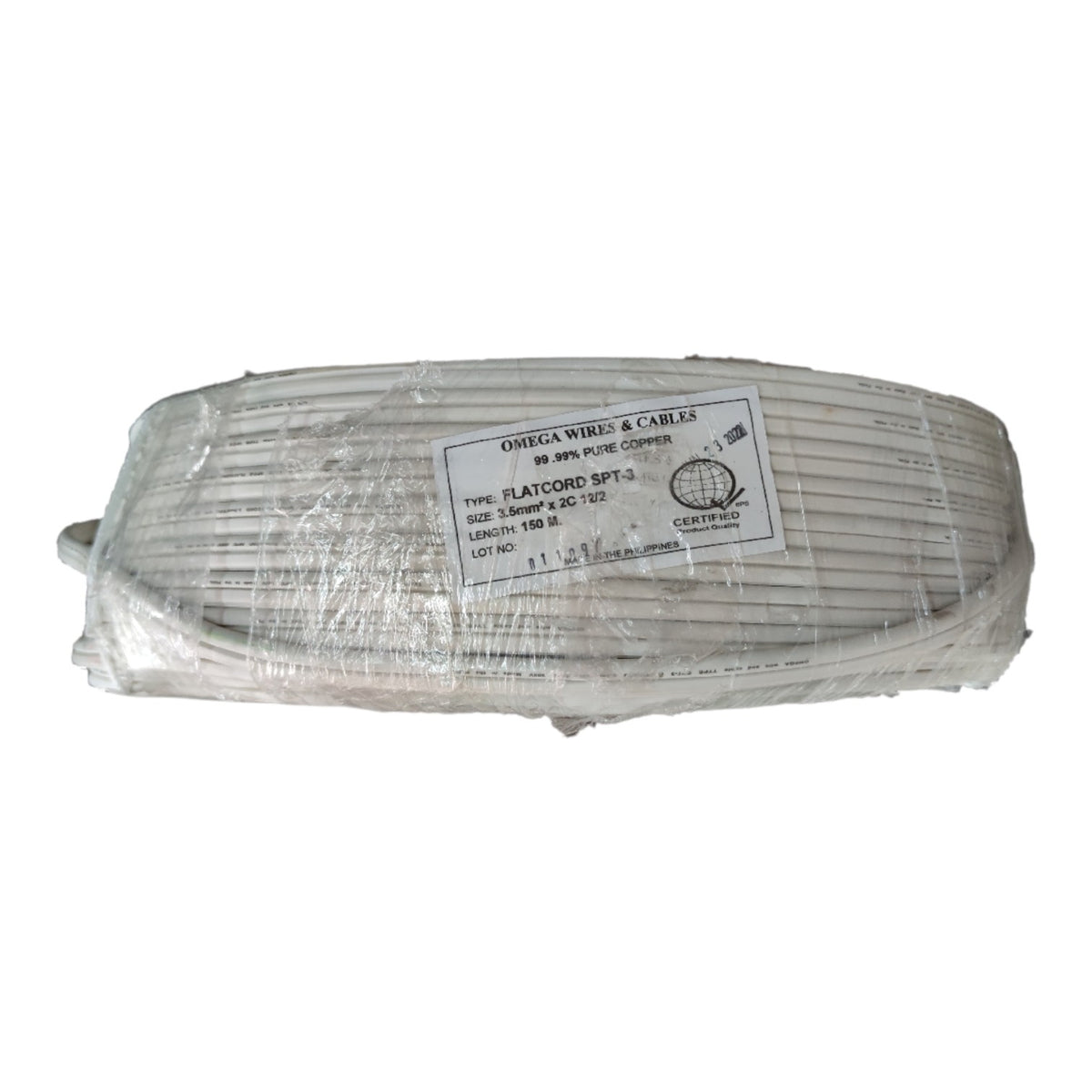 A coiled white cable wrapped in clear plastic with a white label that reads 'ODECCA WIRES & CABLES'.