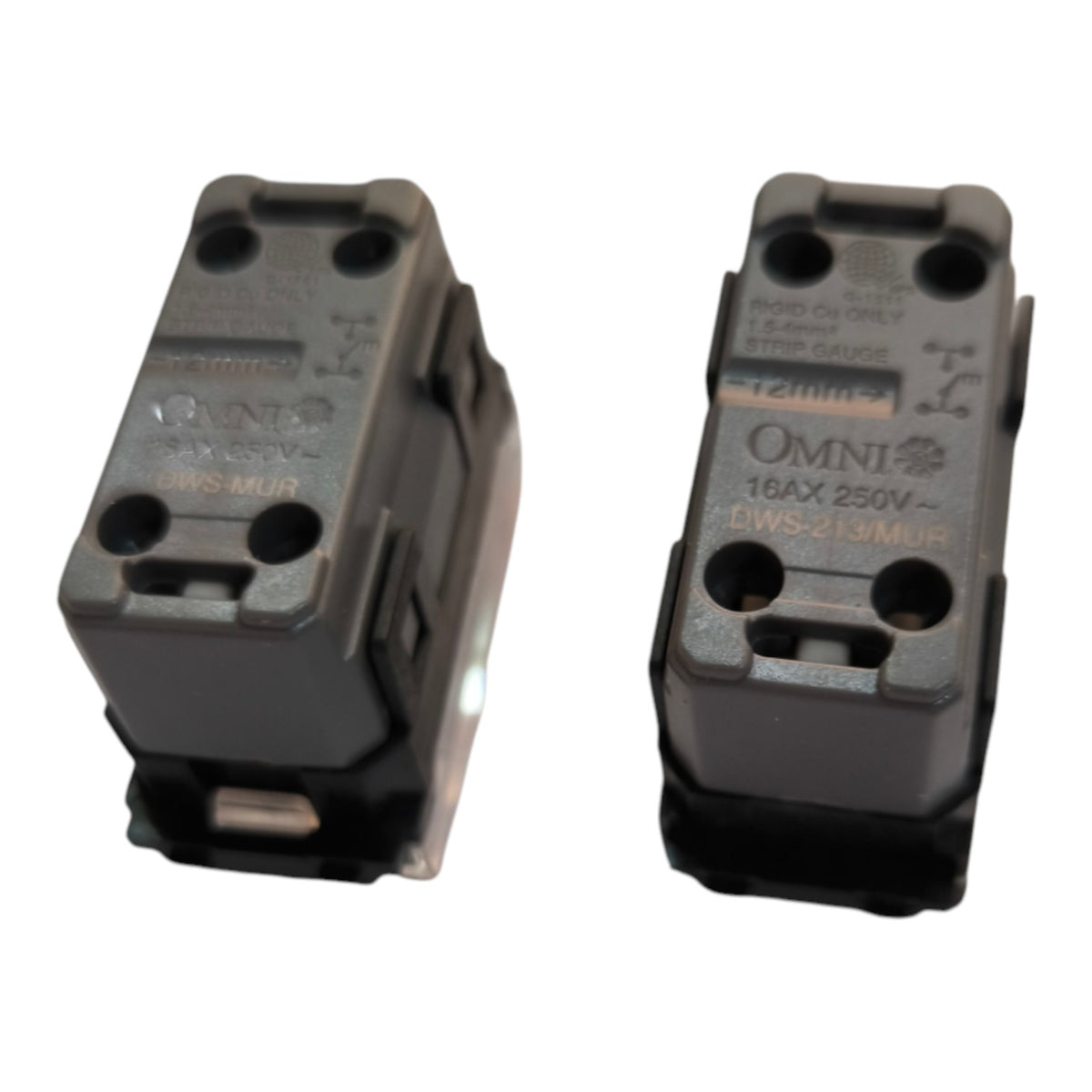 Two black Omni electrical push-button switches, model DWS-MUR, shown side by side on a white background.