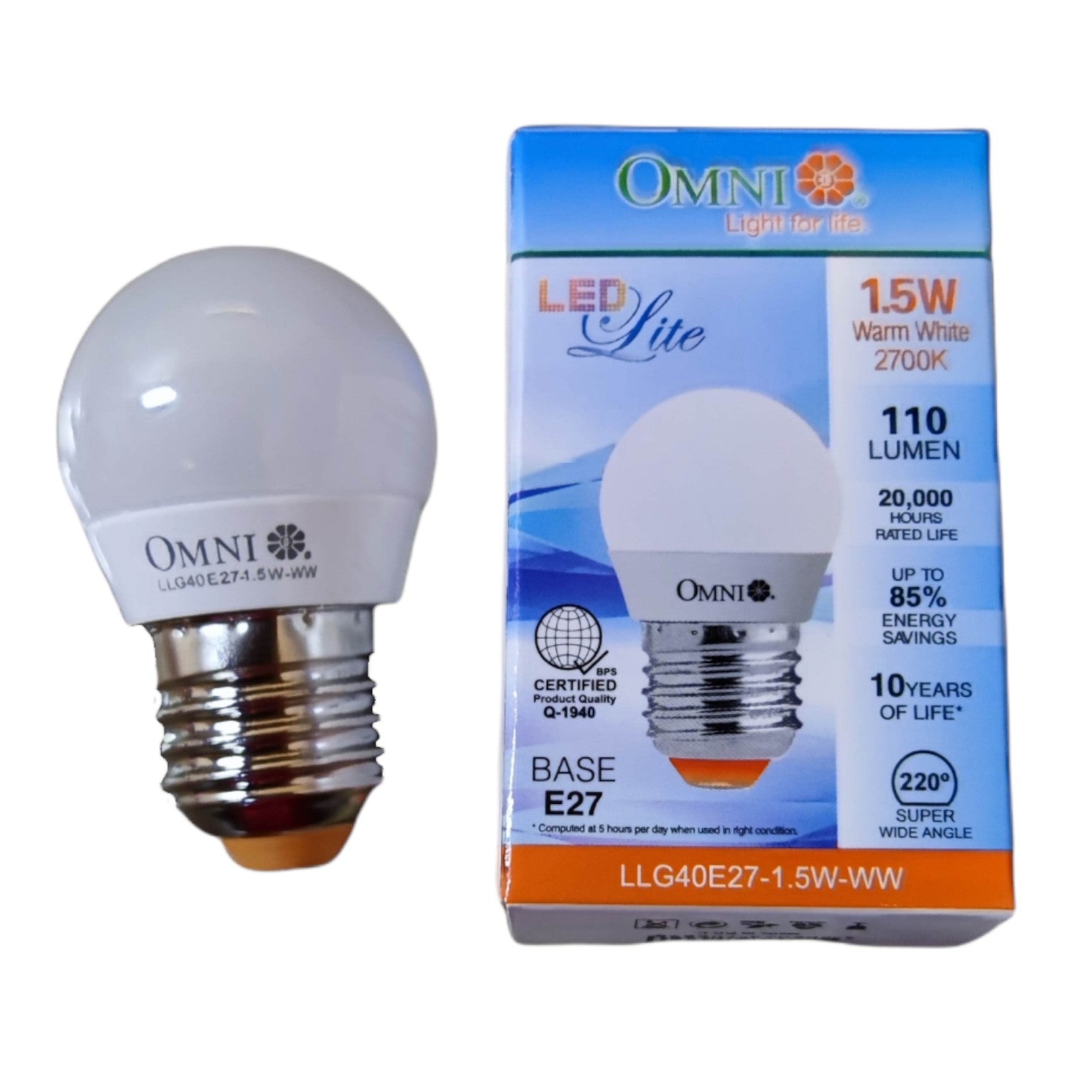 An OMNI LEDlite A19 LED bulb next to its blue and orange retail packaging box, showing specifications like 1.5W warm white and 110 lumens.